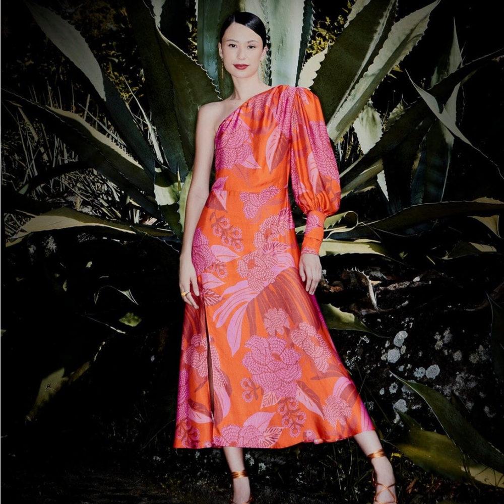 FARM RIO - Red Dewdrop Floral One Shoulder Midi Dress NWT